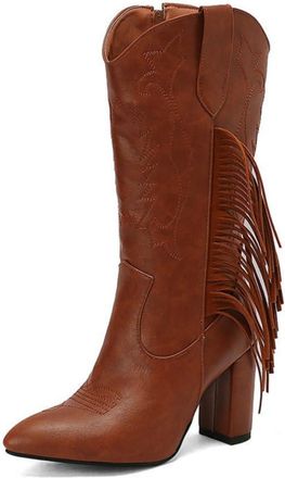 Generic Womens Mid-Calf Fringe Cowboy Boots with Embroidered Western Design, Chunky Block Heel,Brown,5.5 UK