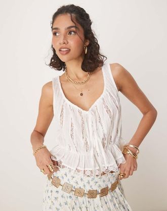Free People Alana - Top senza maniche stile boh&eacute;mien color avorio con inserti in pizzo-Bianco