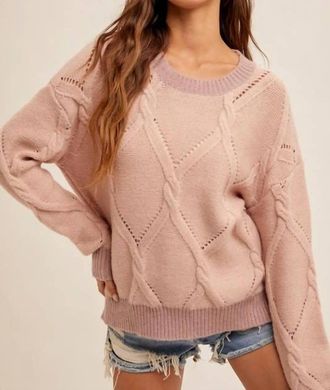 Hem & Thread Round Neck Cable Knit Detail Sweater In Mauve