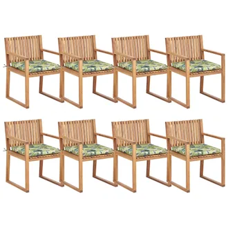 Beliani Conjunto De 8 Sillas De Jard&iacute;n R&uacute;sticas De Madera De Acacia Certificada Clara Con Cojines De Asiento Verde Motivo Hojas Sassari Ii