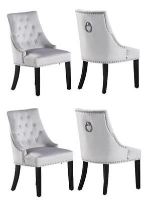 Life Interiors Set of 4 Velvet Dining Chairs Scoop Knockerback & Button Tufted, Solid Wood Legs in Light Grey