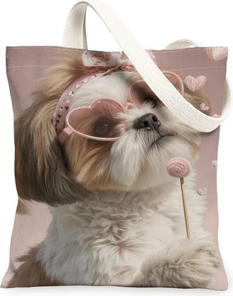 Generic Cute Dog Canvas Tote Bags, Adorable Animal Pattern Reusable Bags, Spring Vintage Chic Lightweight Washable Shoulder Strap C, Peach, 13x15 Inch