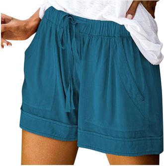 Generic Casual Shorts for Women Summer Drawstring Elastic Waist Pants with Pockets Ladies Fashion Loose Plus Size Holiday Beach Shorts Blue