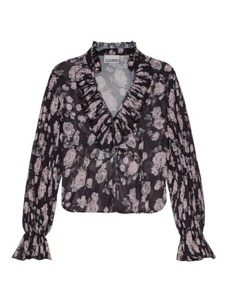 Ganni Shirt met bloemenprint - Zwart