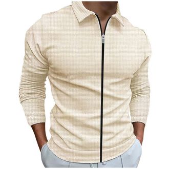 Generic Polo Shirts for Men Mens Polo Shirts Long Sleeve Full Zip up Waffle Knit Collared Work Solid Business Casual Rugby Golf Shirt Jackets Khaki X-Large