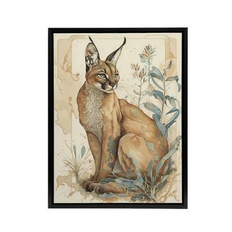 Artery8 Caracal Cat With Plants Modern Framed Canvas Wall Art Print | Size: W24 x H32
