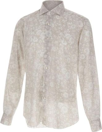 Barba Bloemenprint Overhemd met Knoopsluiting - Heren - Casual Overhemden - Beige - 4XL - Linnen - Overhemden