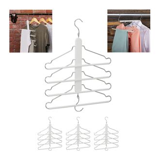 Relaxdays Set 4 Perchas Ahorra Espacio Con Varilla Colgar Pantalones, 4 Colgadores Camisas En 1, Trajes, Madera/metal, Blanco