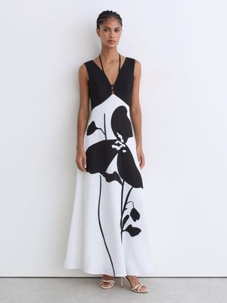Reiss Cecile Graphic Floral-print Maxi Dress, 8, Cream & black