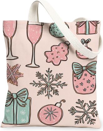 Generic Christmas Gifts Canvas Tote Bags, Festive Holiday Design Reusable Grocery Bags, Vintage Fanciful Lightweight Washable Shoul, Peach, 13x15 Inch