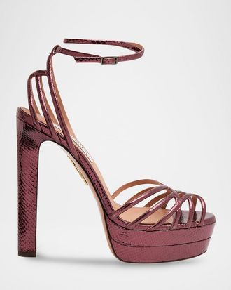 Aquazzura 130mm Wild Dream Snake-Embossed Metallic Leather Platform Sandals