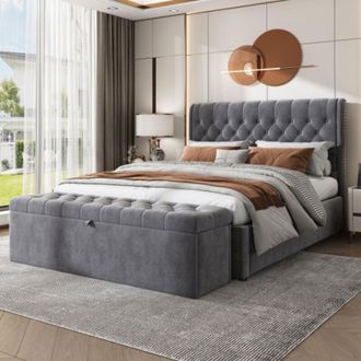 C&A King Size Upholstered Bed(5ft,150x200cm)with Hydraulic Storage,Rivet Detail,Grey Velvet,Mattress Not Included