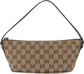 Gucci Web Boat Pochette Gg Canvas And Leather Beige Canvas Handbag (Pre-Owned)