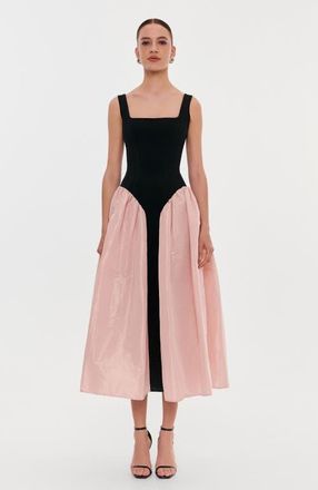 Milla Corset Formal Occasion Midi Dress with Glossy Skirt in Black & Pink in Black&pink at Nordstrom, Size 8