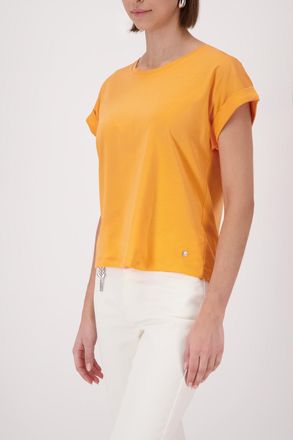 Monari T-Shirt MONARI Pima uni, Damen, Gr. 36, aperitif, Single Jersey, Obermaterial: 100% Baumwolle, unifarben, Basic normal, Rundhals, mit Aufschlag abgest