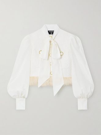 Balmain Giacca In Tweed Di Misto Cotone Metallizzato E Seta Con Piume E Fiocco - Bianco