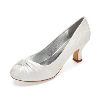 Generic Wedding Bridal Shoes Womens Round Toe Pump Kitten Low Heel Shoes Lace Kitten Heel Prom Party Dress Shoes 6.5Cm,Ivory,5 UK