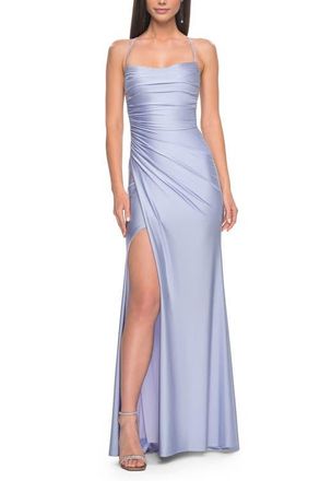 La Femme Jersey Dress with Square Neckline and Ruching in Light Periwinkle at Nordstrom, Size 10