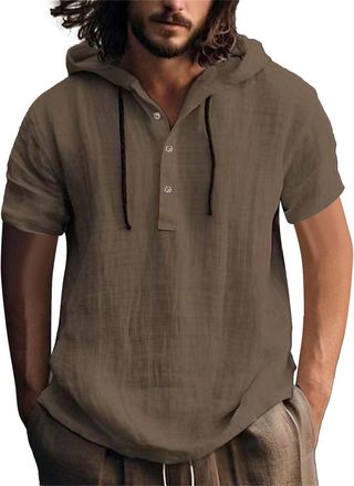 Generic Hoodies for Men UK: Cotton Linen Shirt with Hood Plain Hooded Pullover Tops Casual Drawstring Solid Color Hoody T-Shirts Men Summer Long-Sleeve Button