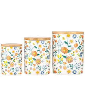 10 Strawberry Street 3Pc Folk Floral Spring Ceramic Kitchen Canister Set