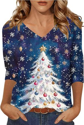 Generic Keepink Plus Size Christmas T Shirts Women Xmas Tree V Neck Jumpers Funny Festive 3/4 Sleeve Casual Blouse Holiday Print Relaxed Fit Tops Family Match