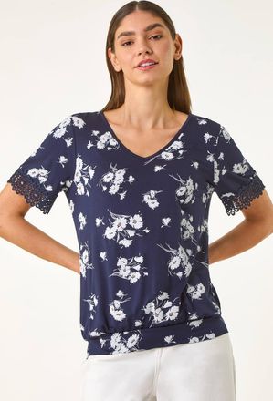 Roman Floral Print V-Neck Lace Stretch Top