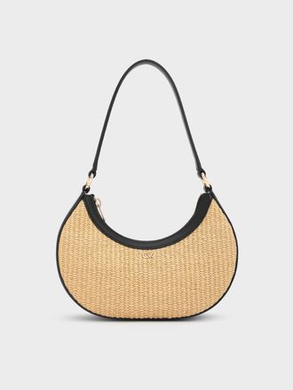 Charles & Keith Leather & Raffia Crescent Hobo Bag