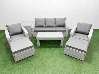 Fimous PE Rattan Garden Furniture Set Reclining Chair Sofa Lounge Sofa Set Rectangular Coffee Table Side Table 2 Big Footstool Light Grey