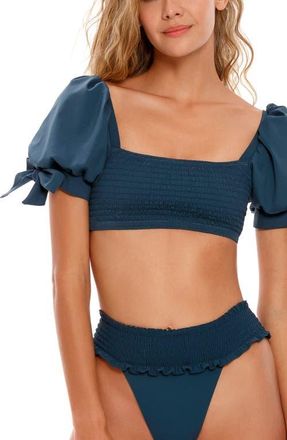 Agua Bendita Eileen Fera Puff Sleeve Bikini Top in Petrol Blue at Nordstrom, Size Medium