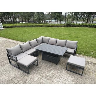 Fimous Aluminum 8 Piece 9-Seater Sofa Set with Rising Table & Cushions in Dark Grey