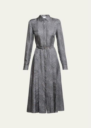 Gabriela Hearst Jane Herringbone Print Silk Belted Midi Shirtdress