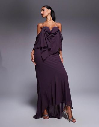 Asos Vestito lungo in chiffon color prugna a doppio strato con bustino drappeggiato e taglio sbieco-Viola