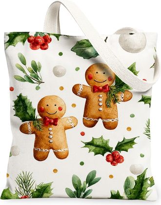Generic Gingerbread Canvas Tote Bags, Cute Holiday Pattern Reusable Grocery Bags, Festive Design Lightweight Washable Shoulder Stra, White, 13x15 Inch