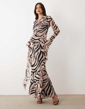 Daska Vestito lungo a maniche lunghe in chiffon con volant e stampa zebrata-Multi