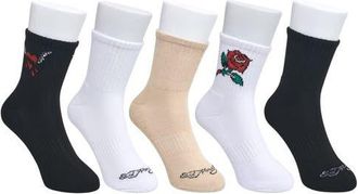 Ed Hardy Rose Print Half Cushion Mid Crew Sock 5-Pack in White Multi at Nordstrom