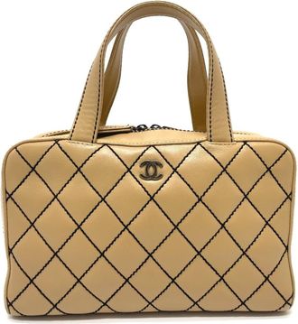 Chanel Wild Stitch Beige Leather Handbag Tote Bag (Pre-Owned)