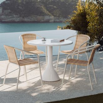 Sklum Set De Mesa Redonda &Oslash;90 Cm En Cemento Y Fibra De Vidrio Melody Y 4 Sillas De Jard&iacute;n En Acero Y Rat&aacute;n Sint&eacute;tico Kalyma Sklum
