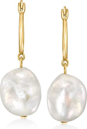 Ross-Simons 12-13mm Cultured Pearl Hoop Drop Earrings in 18kt Gold Over Sterling