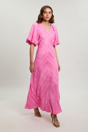 Karen Millen Womens Stripe Fabric Detail Fluid Short Sleeve Midi Dress - Pink Viscose - Size 12 UK