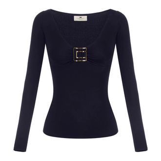 Elisabetta Franchi Top van jerseystof met juweel-logodetail - Dames - Tops - Blauw - Maat: XS Jersey