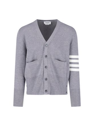 Thom Browne V-Neck Grey Cardigan Sweater with Button-Down Front and Signature Stripes