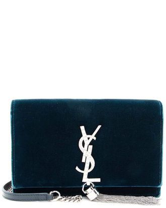 Saint Laurent Blue Velvet Crystal Monogram Kate Tassel Chain Wallet (Authentic Pre-Loved)