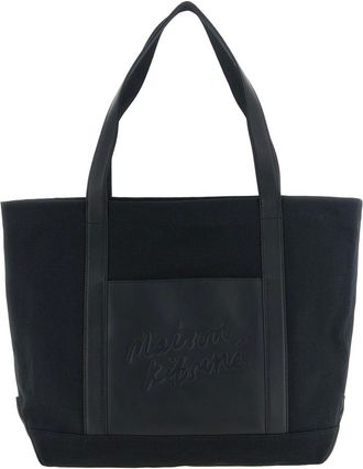 Maison Kitsun&eacute; Grote canvas & leren tote tas - Heren - Tassen - Zwart - Maat: ONE Size Katoen