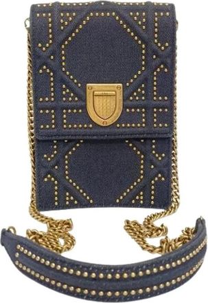 Dior Pre-owned Diorama Studded Vertical Clutch Tas in Marineblauw Katoen Denim - Dames - Vintage Schoudertas - Blauw - ONE Size - Katoen - Vintage
