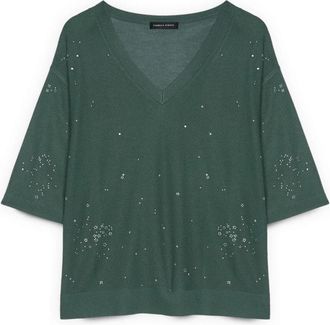 Fiorella Rubino Viscosemix Trui met Lichtgevende Applicaties - Dames - V-hals truien - Groen - XL - Nylon - Truien & Vesten
