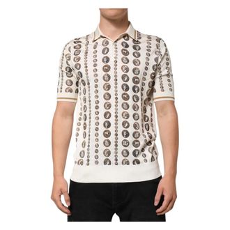 Dolce & Gabbana Tops, Heren, Wit, L, Muntprint Zijden Polo T-shirt