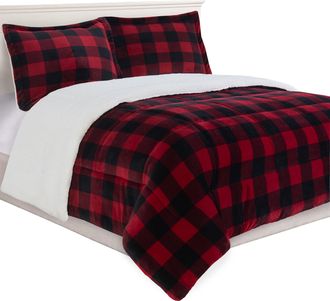 Elegant Comfort 3-Piece Buffalo Micro-Suede Reversible Sherpa - Lodge-Plaid Pattern Comforter Set
