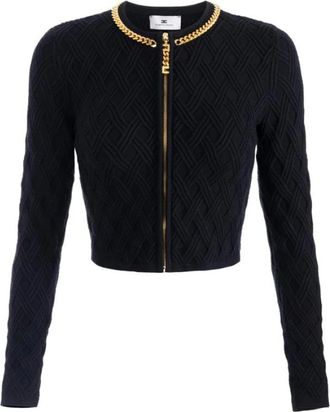 Elisabetta Franchi Cardigans, female, Black, Size: XL Cardigan in knit fabric with diamonds and jewel details