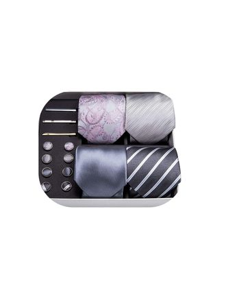 Barry.Wang 4 PCS Gift Tie Set Mens Silk Silver Grey Necktie Pocket Square Cufflinks & Tie Clips Wedding Classic