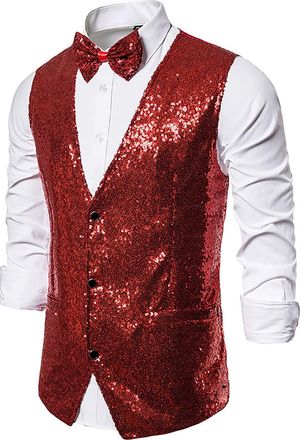 Generic Mens Sequin Vest with Bow-Tie Glitter Sparkly Shiny Slim Fit Waistcoat Wedding Formal Cocktail Party Prom Tuxedo Wine